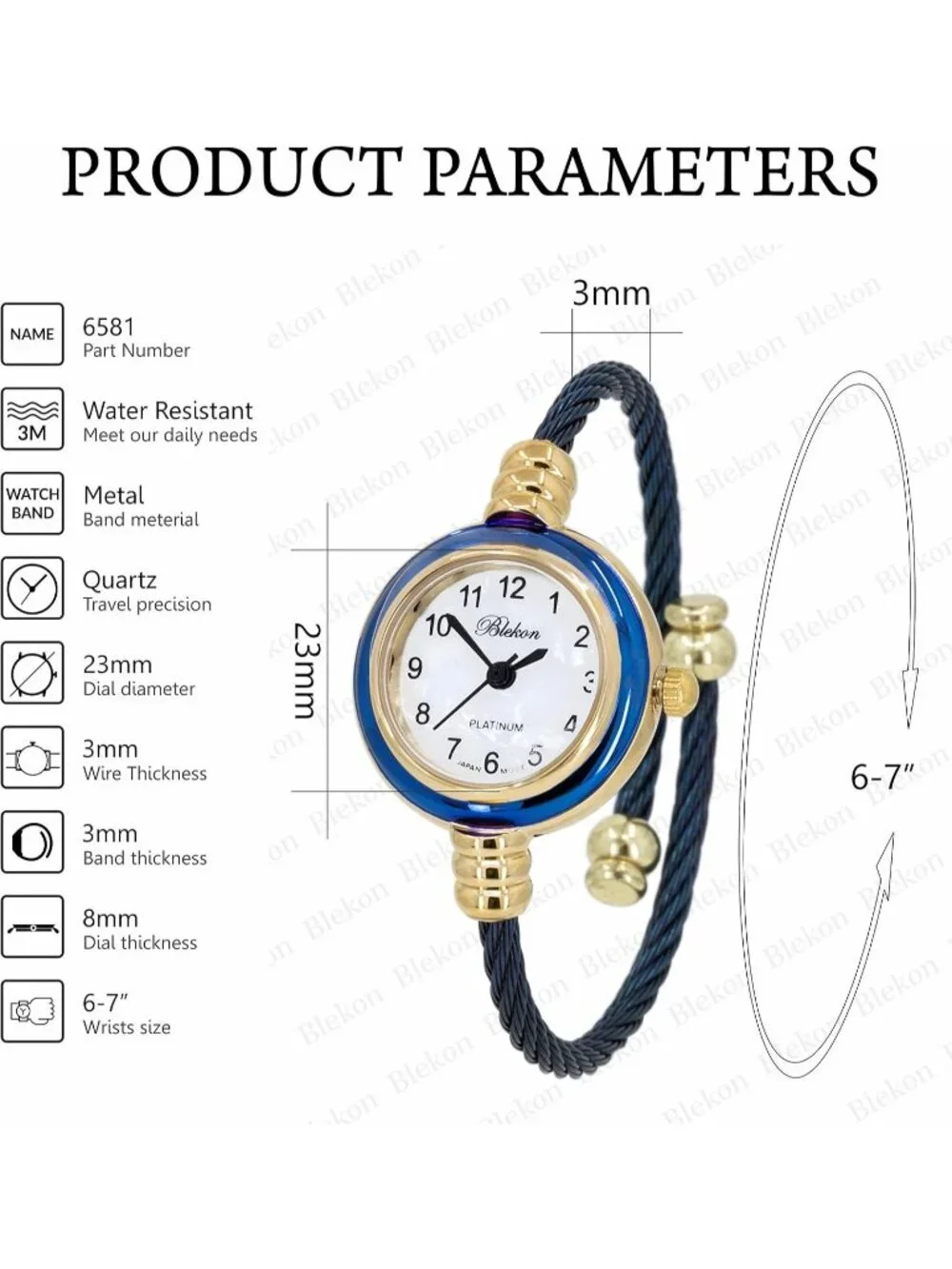 Women's Gold Blue Analog Quartz Elegant Cable Cuff Arabic Numbers Bracelet Watch